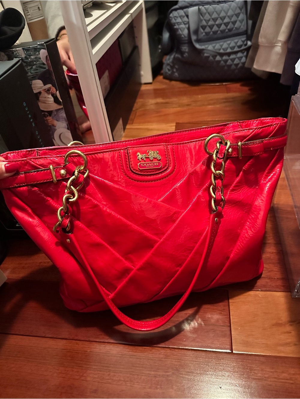 Perfect Condition Coach Vibrant Red Quilted Tote with Gold-Tone Chain Handles